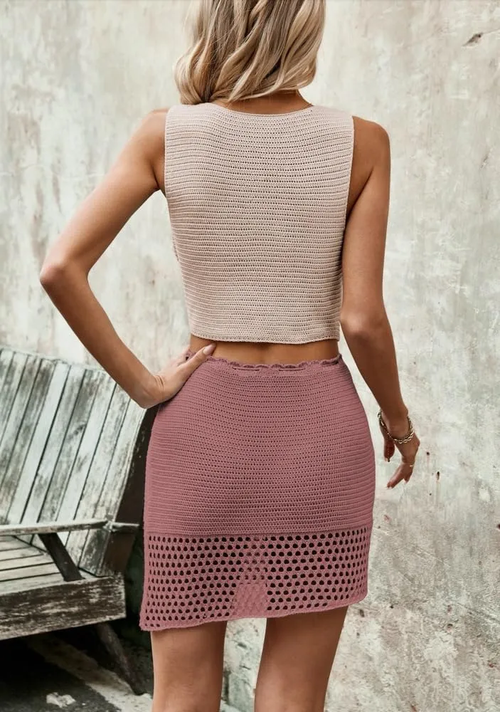 2 Piece Sets for Women Summer Crochet Hollow Out Knitted Skirt V Neck Crop Top Vest Vacation Cruise Outfits
