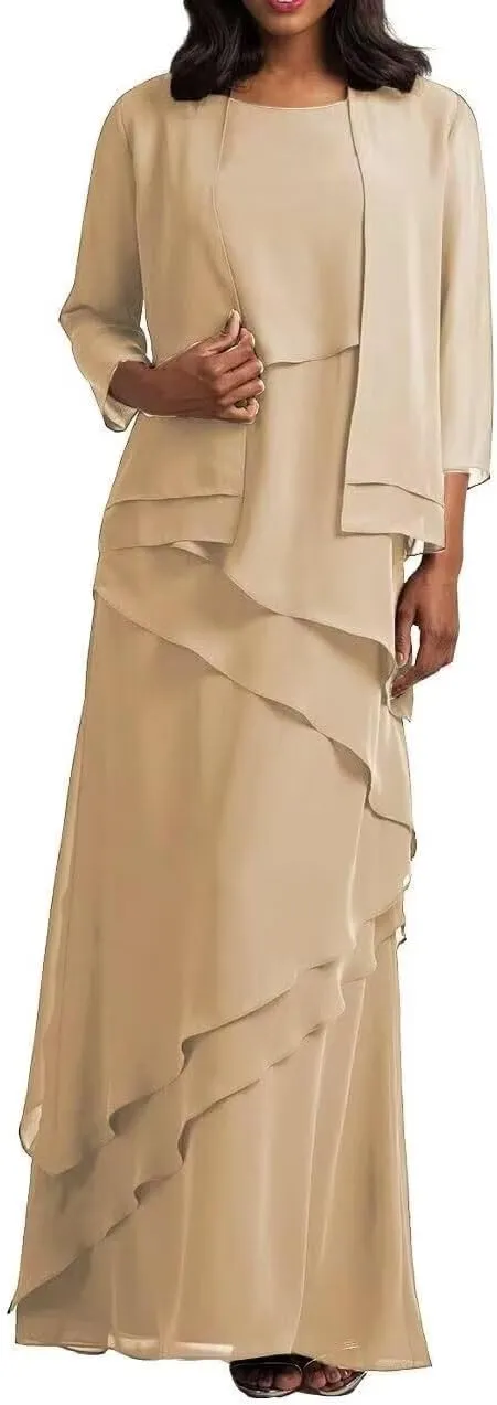 2 Pieces Mother of Bride Dresses with Jacket for Wedding Long Sleeve Chiffon Formal Evening Gowns for Women PG033