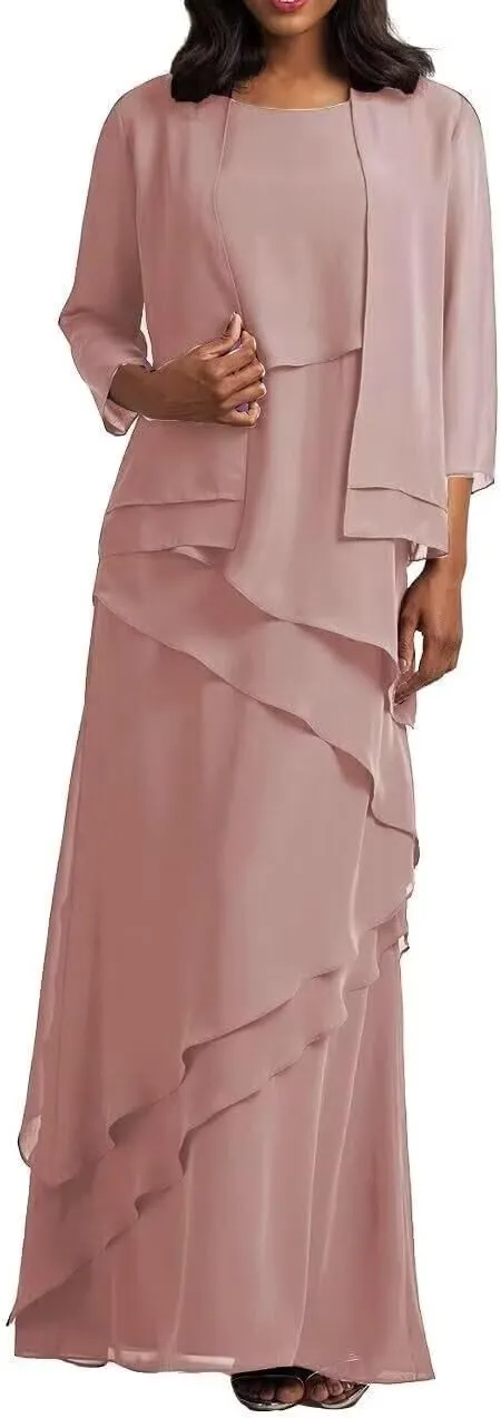 2 Pieces Mother of Bride Dresses with Jacket for Wedding Long Sleeve Chiffon Formal Evening Gowns for Women PG033