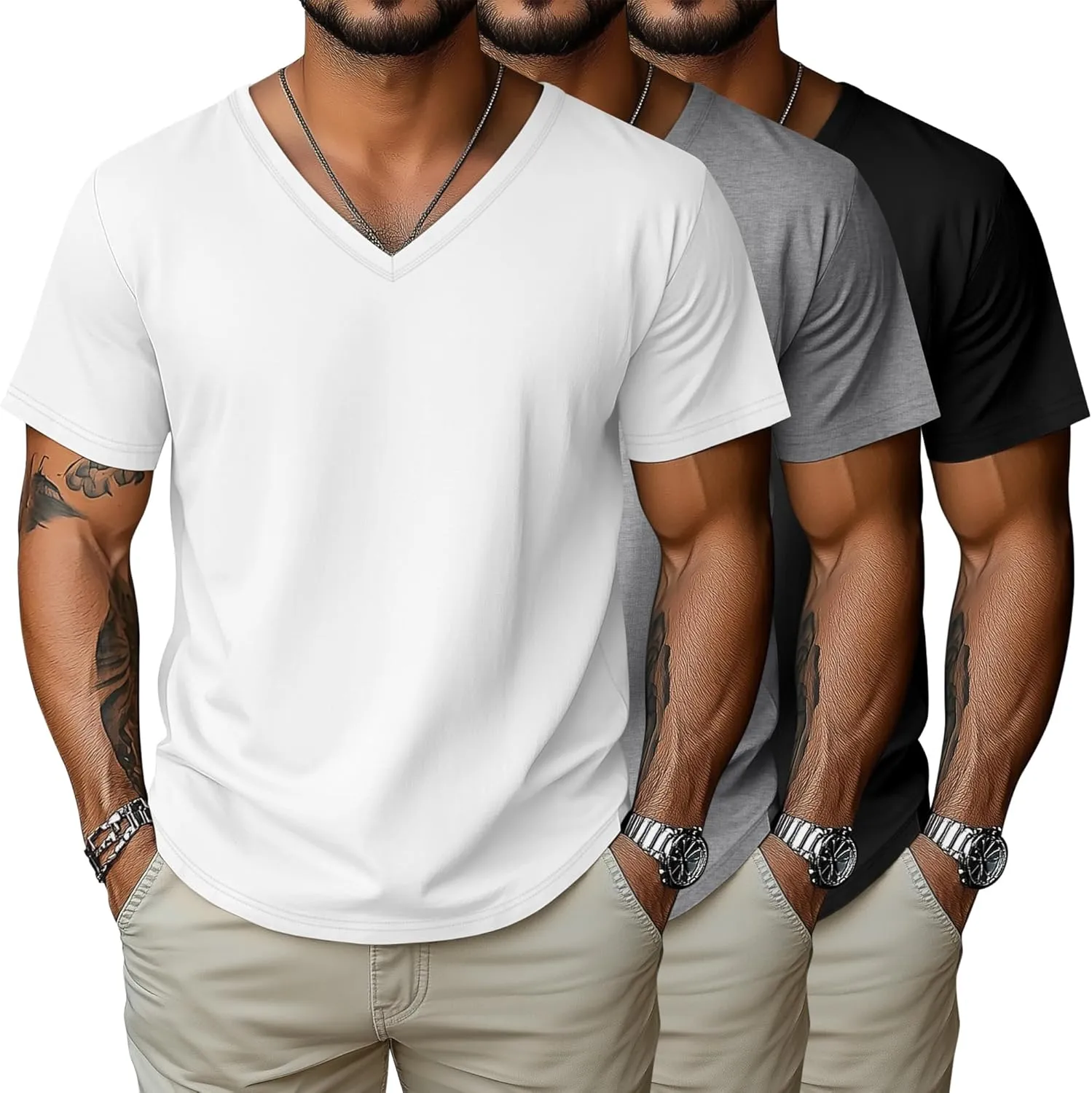 3 Pack Big and Tall Cotton Shirts for Men M-7XL Soft V Neck Shirt Plus Size Short Sleeve Tee Undershirt Casual Tops