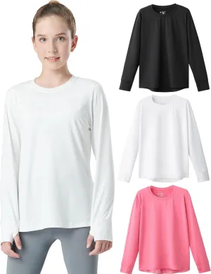 3 Pack Youth Girls Long Sleeve Shirts Active Dry Fit Athletic Performance Clothes Kids Teens Tees with Thumbholes