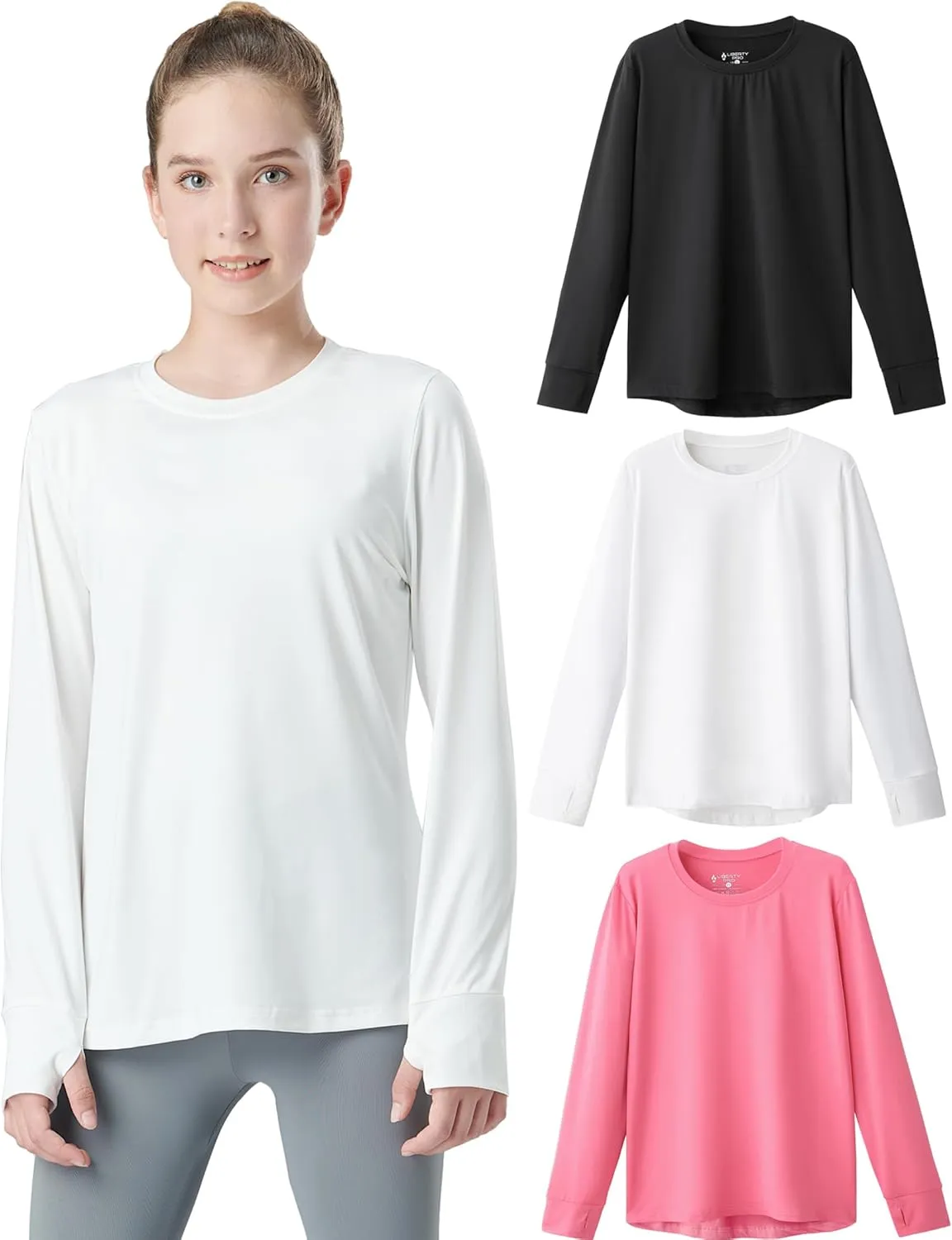 3 Pack Youth Girls Long Sleeve Shirts Active Dry Fit Athletic Performance Clothes Kids Teens Tees with Thumbholes