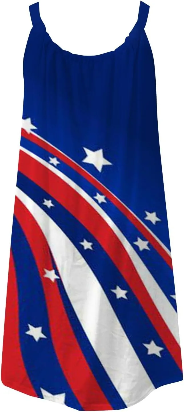 4th of July Dresses for Women Summer Casual Sleeveless Beach Flowy Sundress Patriotic American Flag Stars Tank Dress
