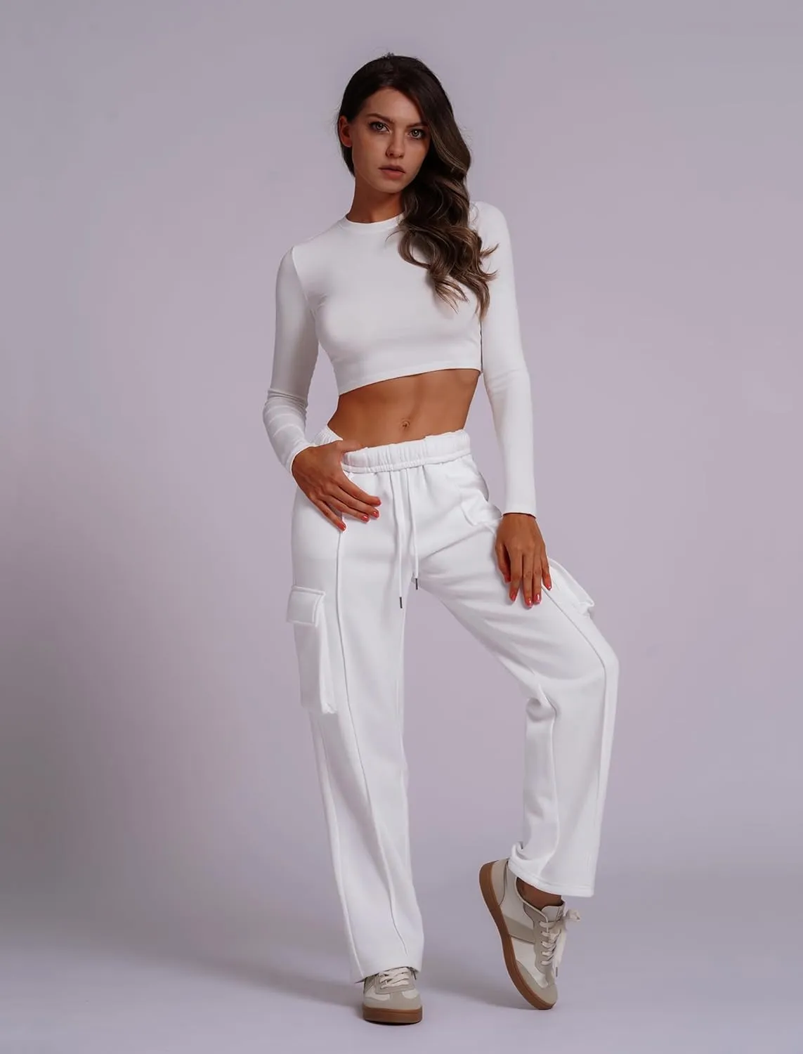 ABOCIW Women's Fleece Lined Wide Leg Sweatpants Elastic High Waisted Baggy Athletic Joggers Pants with Pockets