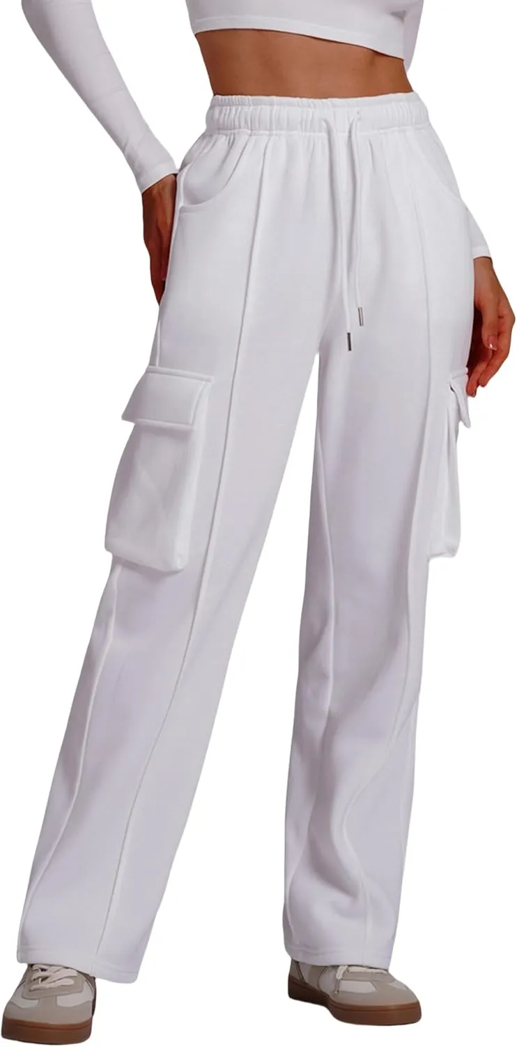 ABOCIW Women's Fleece Lined Wide Leg Sweatpants Elastic High Waisted Baggy Athletic Joggers Pants with Pockets