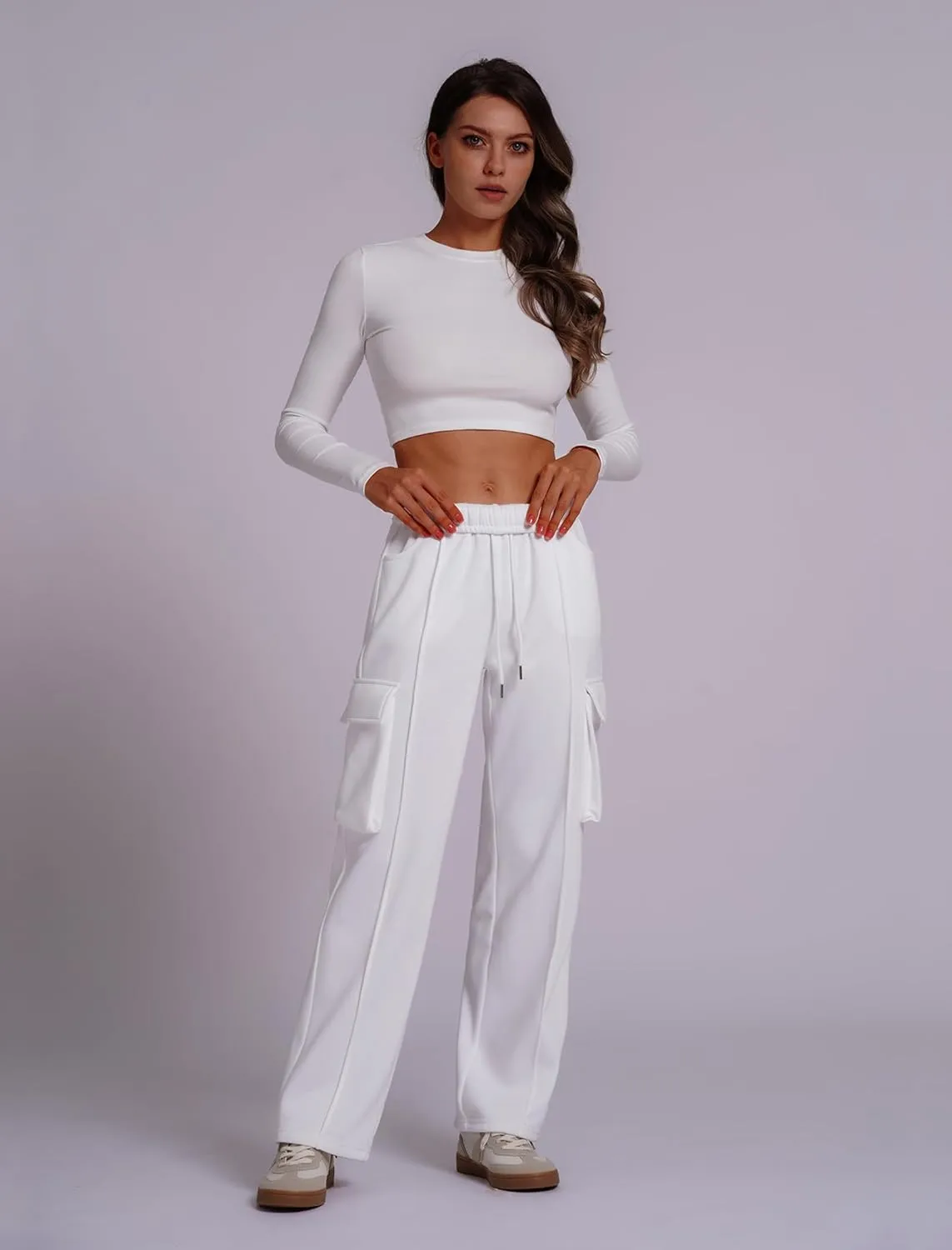 ABOCIW Women's Fleece Lined Wide Leg Sweatpants Elastic High Waisted Baggy Athletic Joggers Pants with Pockets