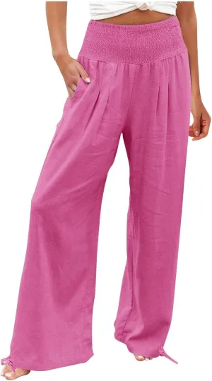 ADHOWBEW Linen Pants Womens Trendy Relaxed Fit Spring 2025 Comfy Work Dressy Elastic Waist Flowy Vacation Casual Trousers