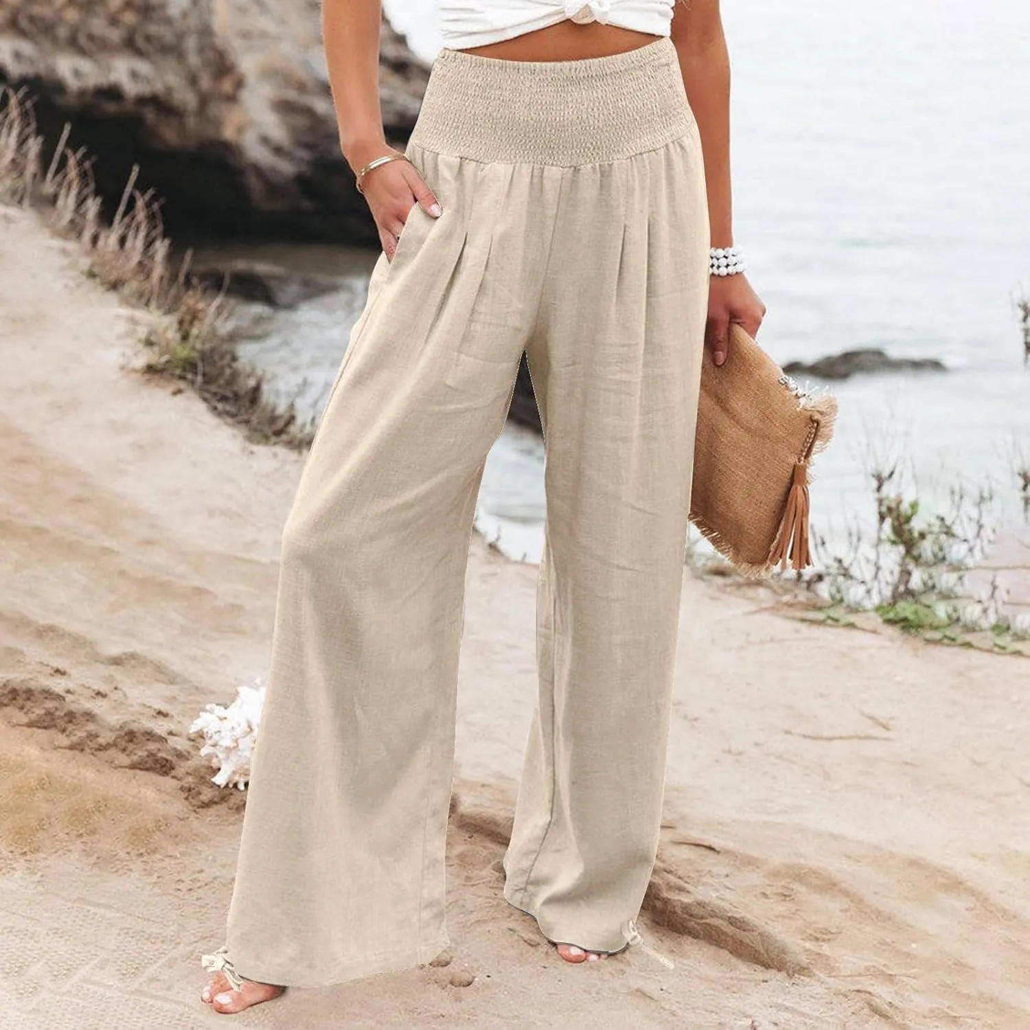 ADHOWBEW Linen Pants Womens Trendy Relaxed Fit Spring 2025 Comfy Work Dressy Elastic Waist Flowy Vacation Casual Trousers
