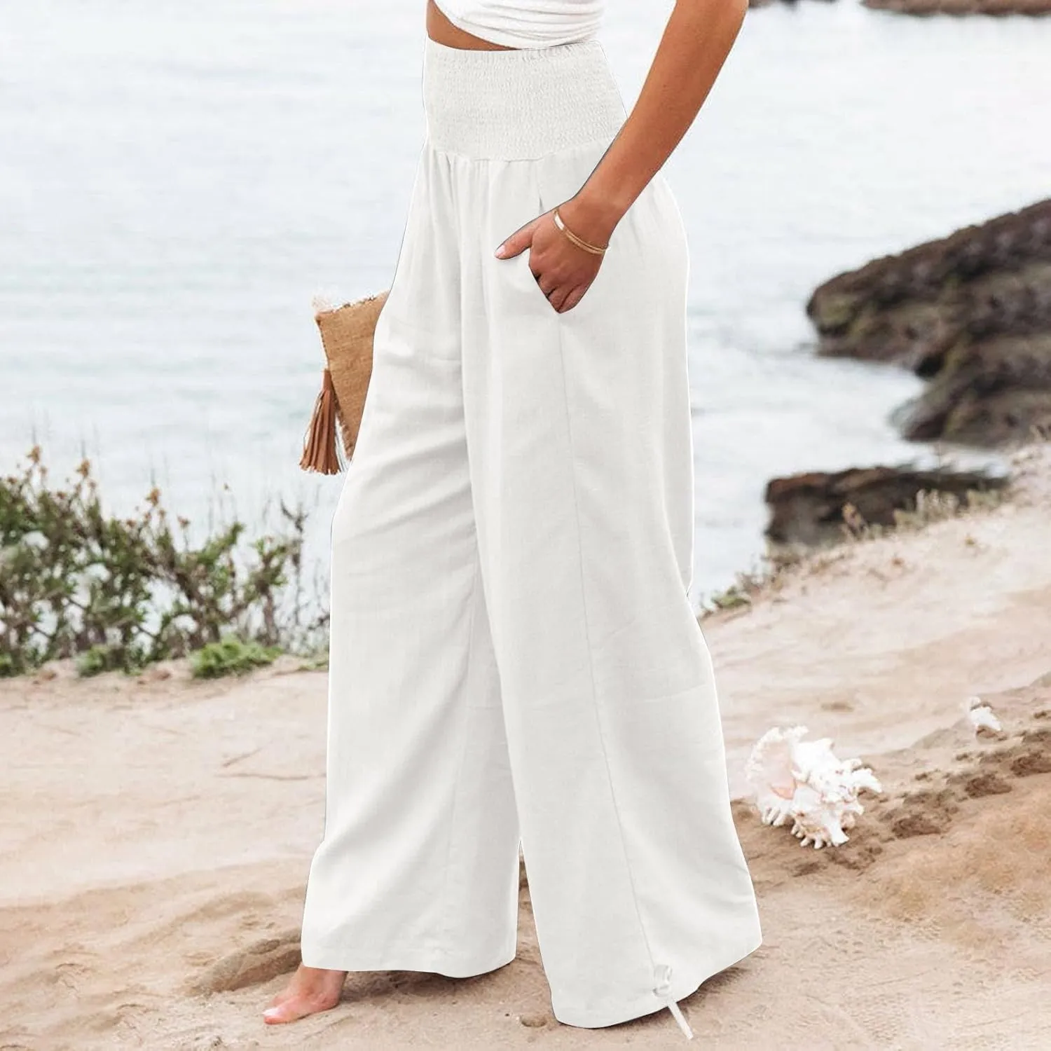 ADHOWBEW Linen Pants Womens Trendy Relaxed Fit Spring 2025 Comfy Work Dressy Elastic Waist Flowy Vacation Casual Trousers