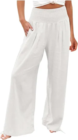 ADHOWBEW Linen Pants Womens Trendy Relaxed Fit Spring 2025 Comfy Work Dressy Elastic Waist Flowy Vacation Casual Trousers