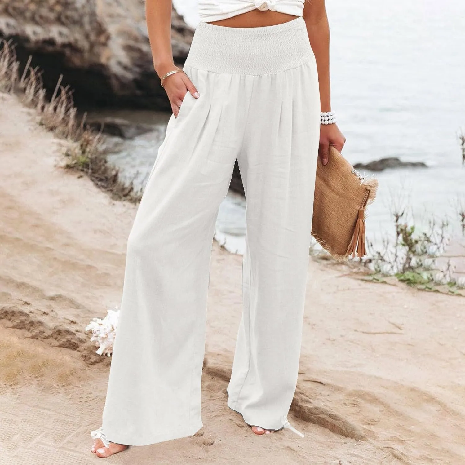 ADHOWBEW Linen Pants Womens Trendy Relaxed Fit Spring 2025 Comfy Work Dressy Elastic Waist Flowy Vacation Casual Trousers