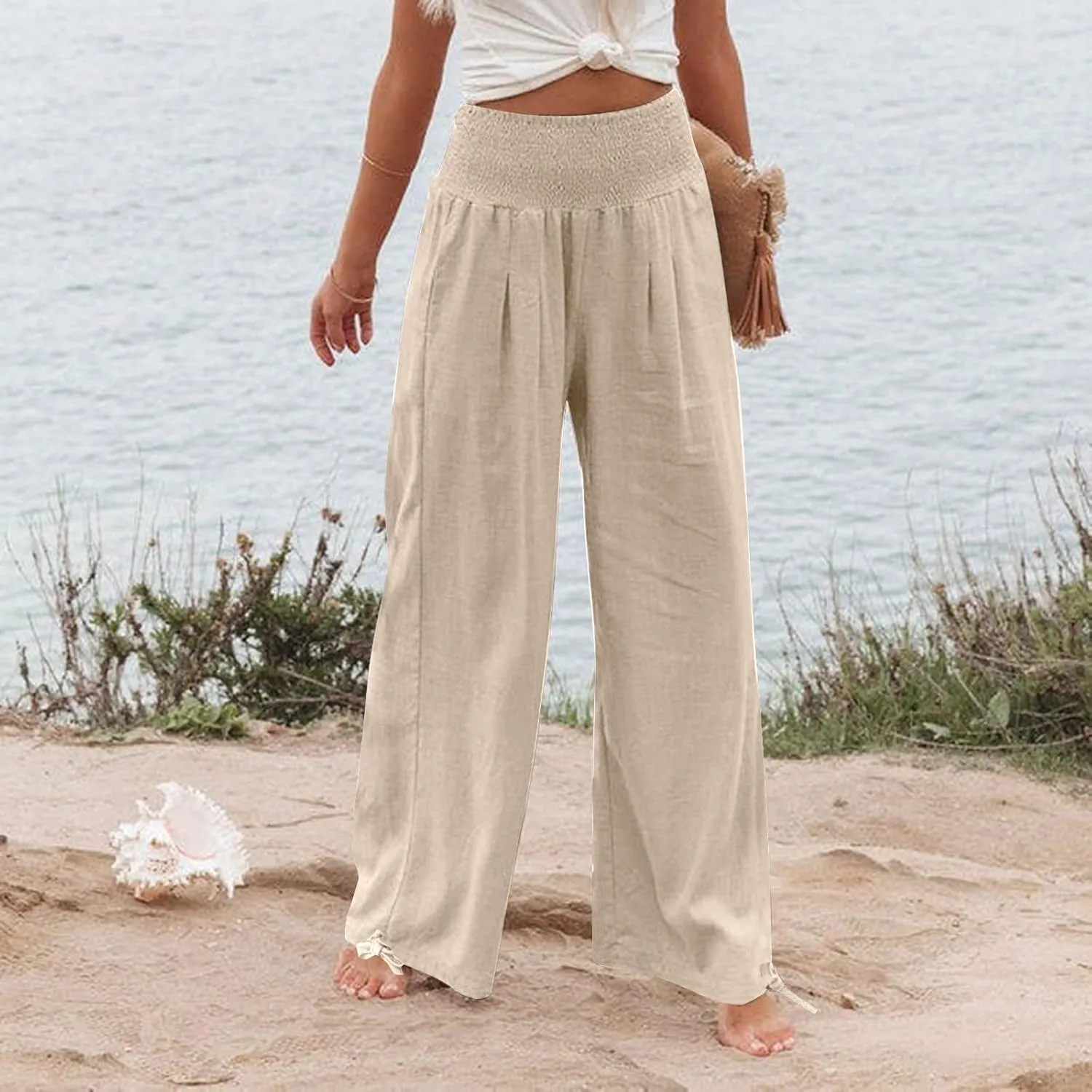 ADHOWBEW Linen Pants Womens Trendy Relaxed Fit Spring 2025 Comfy Work Dressy Elastic Waist Flowy Vacation Casual Trousers