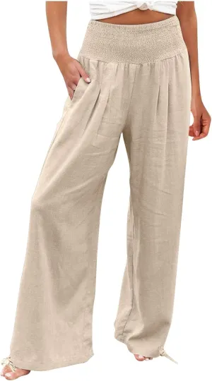 ADHOWBEW Linen Pants Womens Trendy Relaxed Fit Spring 2025 Comfy Work Dressy Elastic Waist Flowy Vacation Casual Trousers