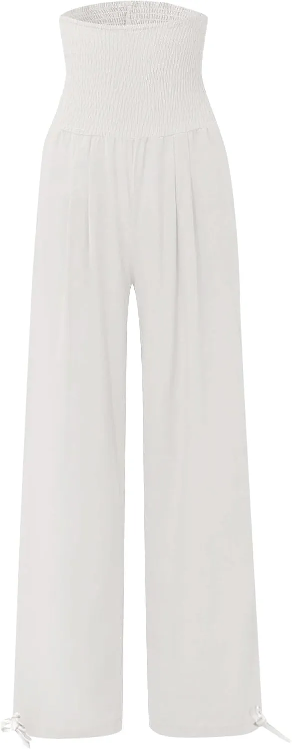 ADHOWBEW Linen Pants Womens Trendy Relaxed Fit Spring 2025 Comfy Work Dressy Elastic Waist Flowy Vacation Casual Trousers