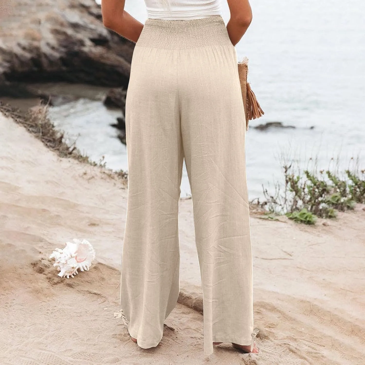 ADHOWBEW Linen Pants Womens Trendy Relaxed Fit Spring 2025 Comfy Work Dressy Elastic Waist Flowy Vacation Casual Trousers