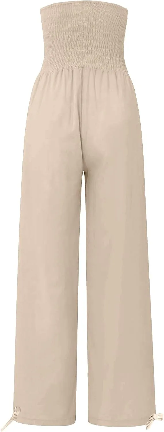 ADHOWBEW Linen Pants Womens Trendy Relaxed Fit Spring 2025 Comfy Work Dressy Elastic Waist Flowy Vacation Casual Trousers