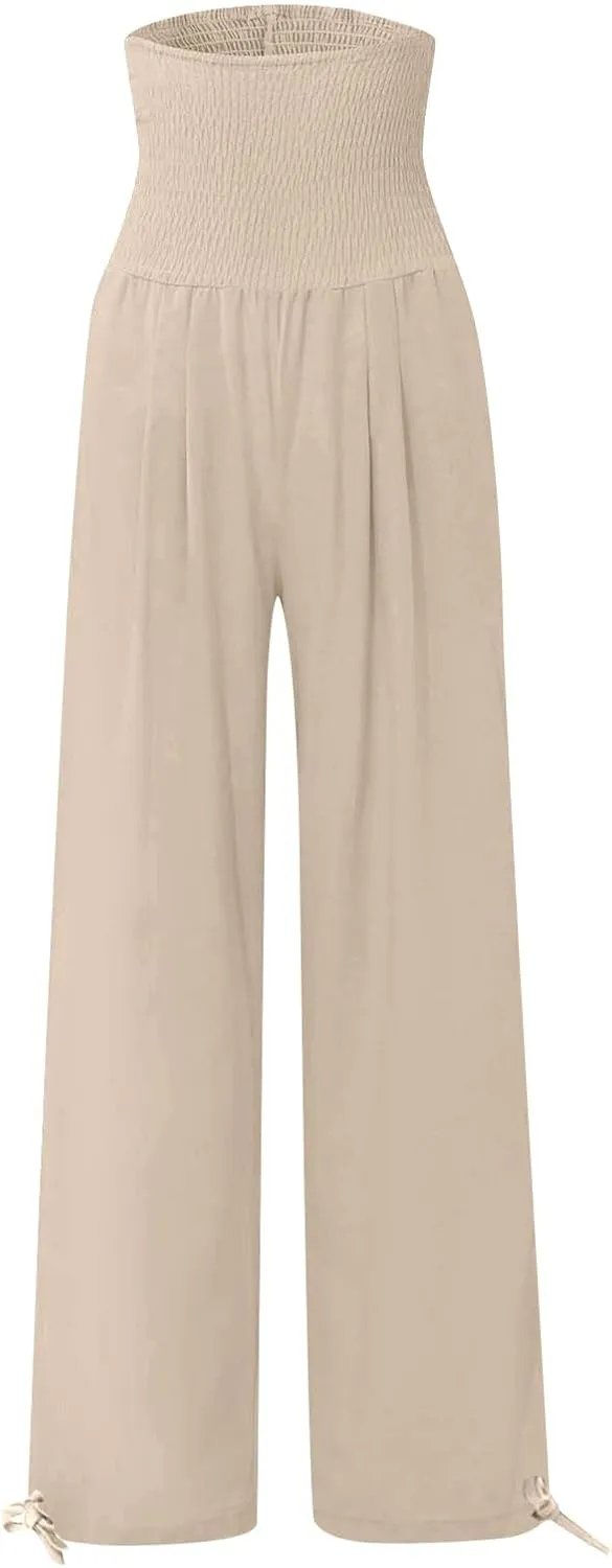 ADHOWBEW Linen Pants Womens Trendy Relaxed Fit Spring 2025 Comfy Work Dressy Elastic Waist Flowy Vacation Casual Trousers