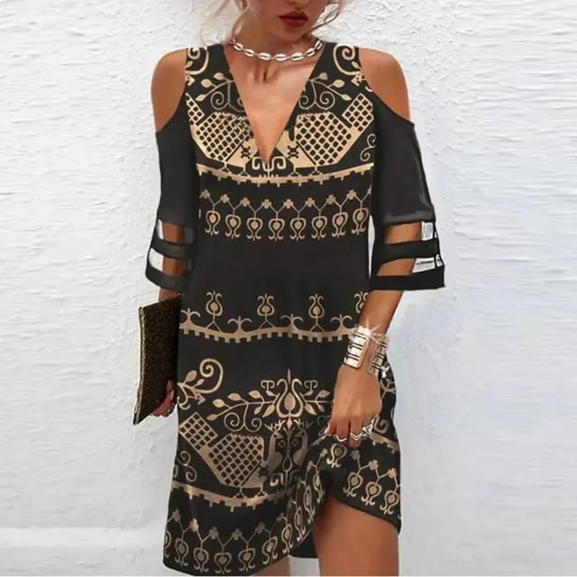 Akivide Women Casual Boho Short Sleeve Dress Cold Shoulder V Neck Mesh Flowy Beach Tunic Midi Dress