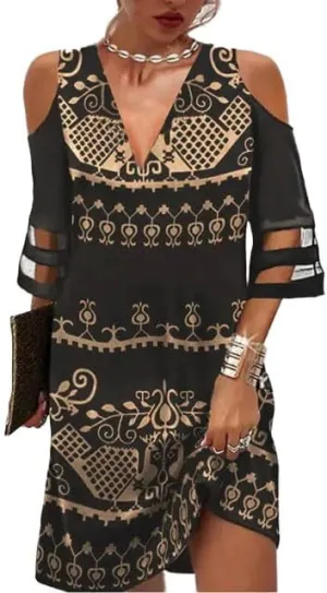 Akivide Women Casual Boho Short Sleeve Dress Cold Shoulder V Neck Mesh Flowy Beach Tunic Midi Dress