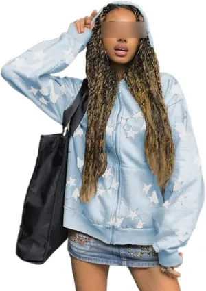 Aopwsrlyi Women Vintage Star Graphic Zip Up Hoodies Oversized Long Sleeve Gothic Punk Sweatshirt Casual Jackets Streetwear