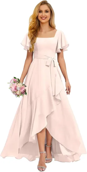 Aoruisen Flutter Sleeves Bridesmaid Dresses for Women Square Neck Long A-Line Chiffon Formal Evening Party Dress with Slit