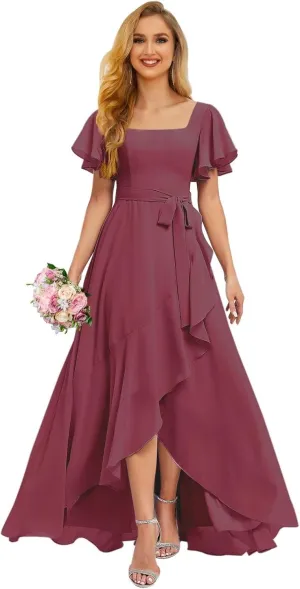 Aoruisen Flutter Sleeves Bridesmaid Dresses for Women Square Neck Long A-Line Chiffon Formal Evening Party Dress with Slit