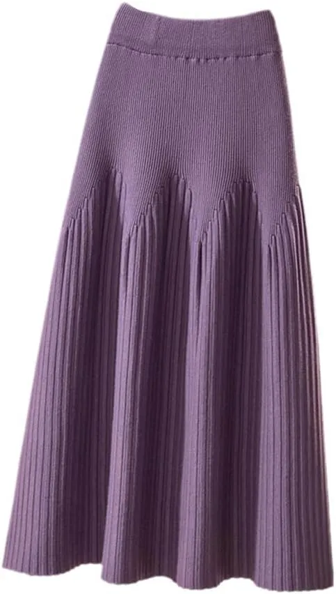 Autumn Winter Knitted Skirt Women Casual Solid All-Match A Line High Waist Pleated Midi Long Skirt
