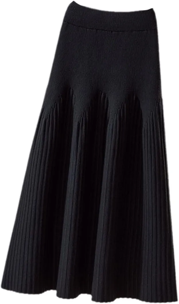 Autumn Winter Knitted Skirt Women Casual Solid All-Match A Line High Waist Pleated Midi Long Skirt