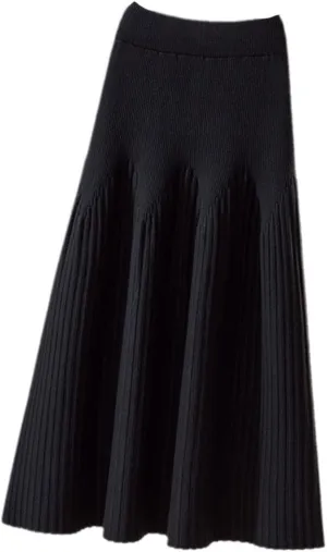 Autumn Winter Knitted Skirt Women Casual Solid All-Match A Line High Waist Pleated Midi Long Skirt