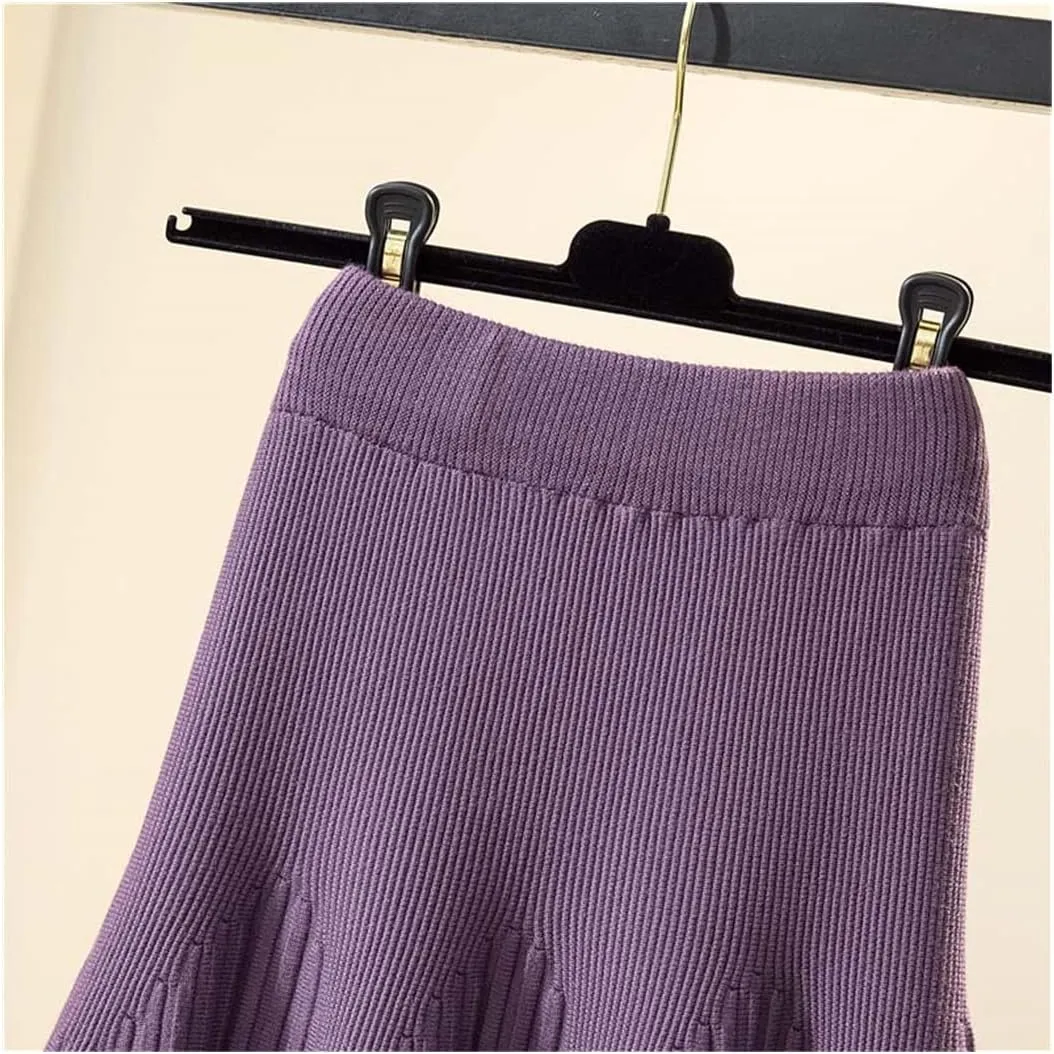 Autumn Winter Knitted Skirt Women Casual Solid All-Match A Line High Waist Pleated Midi Long Skirt