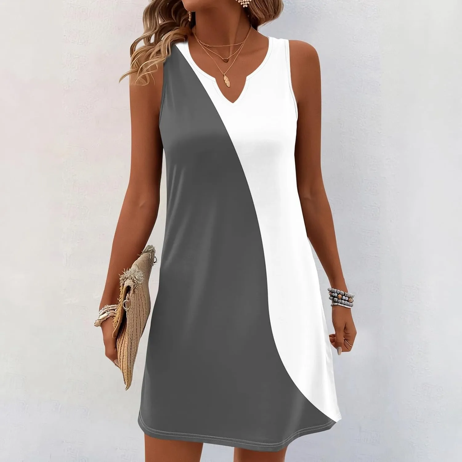 Beachy Dresses for Women 2025 Summer V-Neck Geometric Print Sleeveless Tank Mini Sundress,S-3XL
