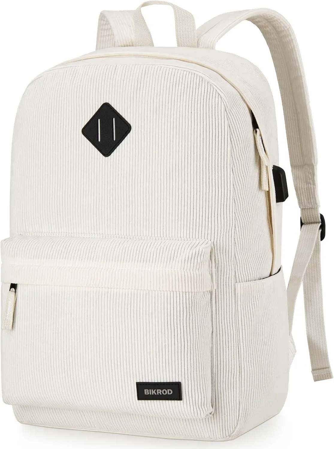 Beige School Backpack for Girls, Boys, Women - Lightweight Casual Soft Corduroy With USB Charging Port, Large Cute Bookbag for Teens, Kids - Fits 15.6 Inch Notebook