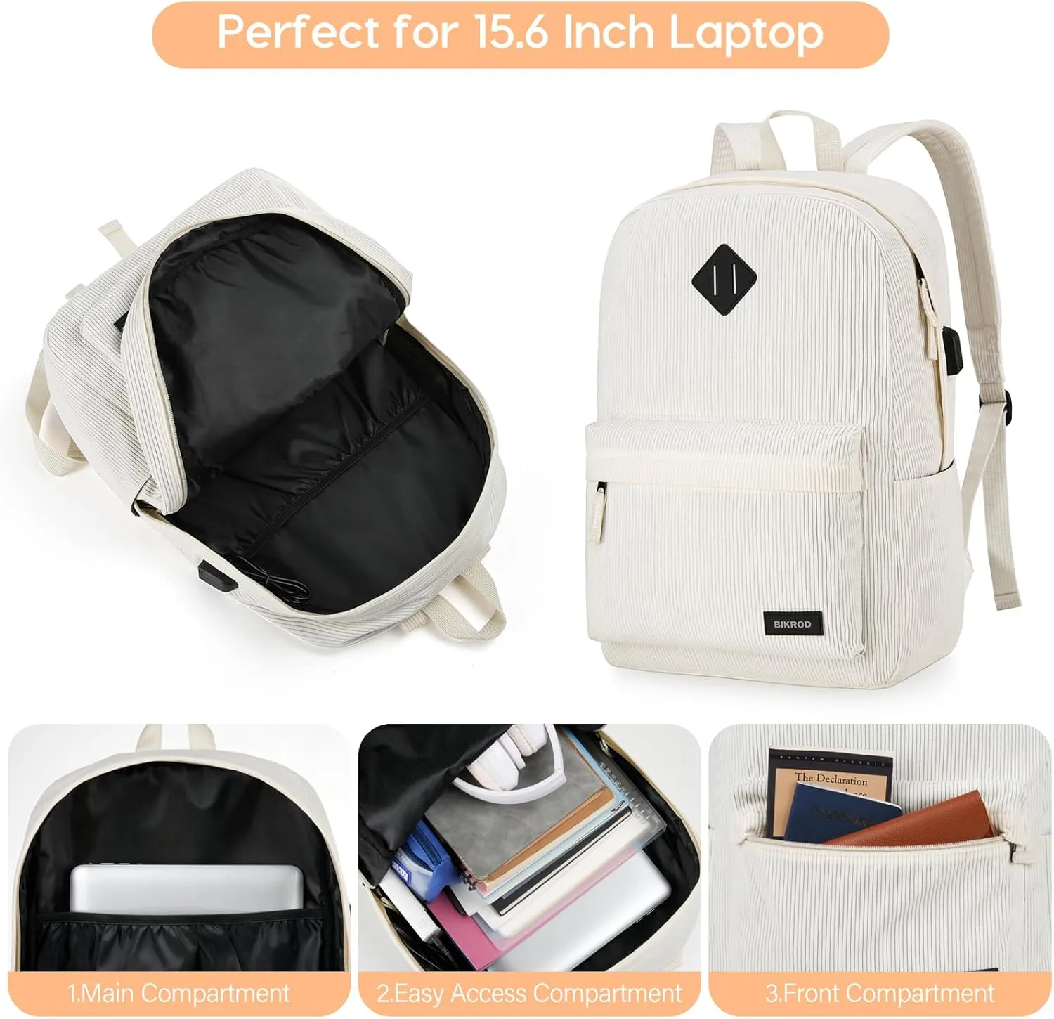 Beige School Backpack for Girls, Boys, Women - Lightweight Casual Soft Corduroy With USB Charging Port, Large Cute Bookbag for Teens, Kids - Fits 15.6 Inch Notebook