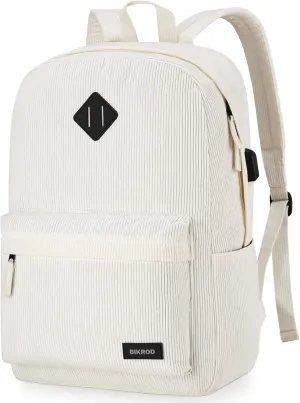 Beige School Backpack for Girls, Boys, Women - Lightweight Casual Soft Corduroy With USB Charging Port, Large Cute Bookbag for Teens, Kids - Fits 15.6 Inch Notebook