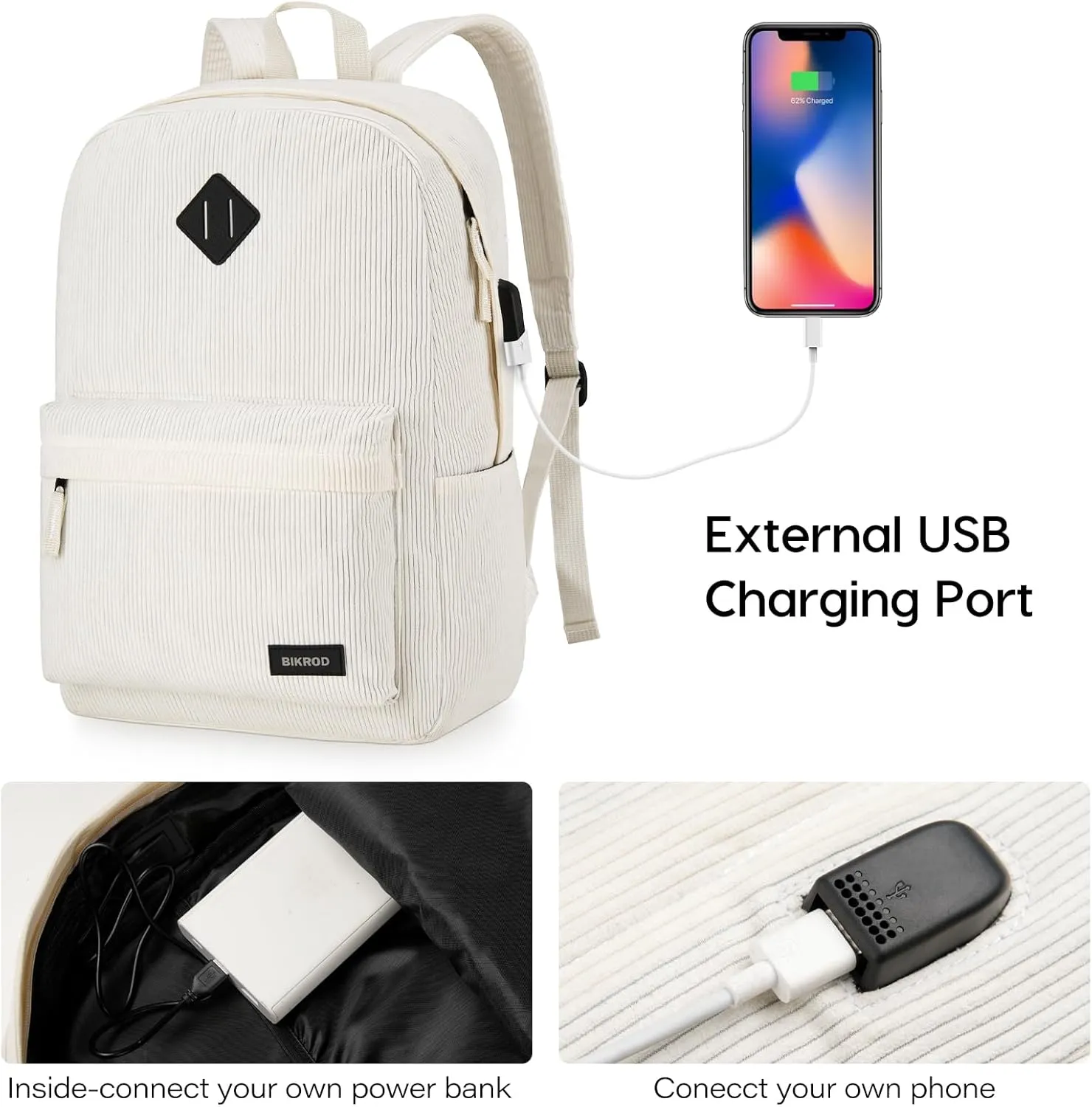 Beige School Backpack for Girls, Boys, Women - Lightweight Casual Soft Corduroy With USB Charging Port, Large Cute Bookbag for Teens, Kids - Fits 15.6 Inch Notebook