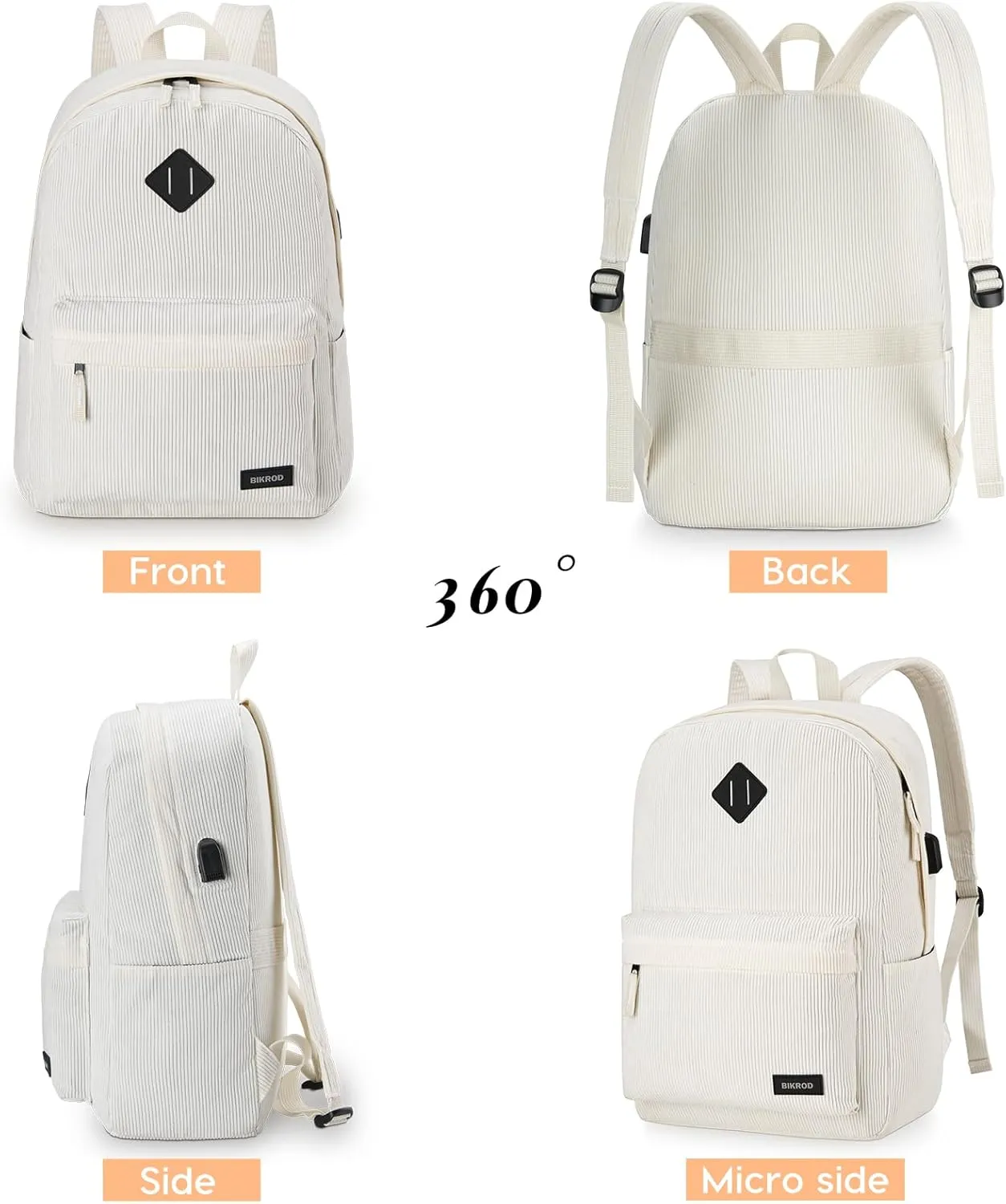 Beige School Backpack for Girls, Boys, Women - Lightweight Casual Soft Corduroy With USB Charging Port, Large Cute Bookbag for Teens, Kids - Fits 15.6 Inch Notebook