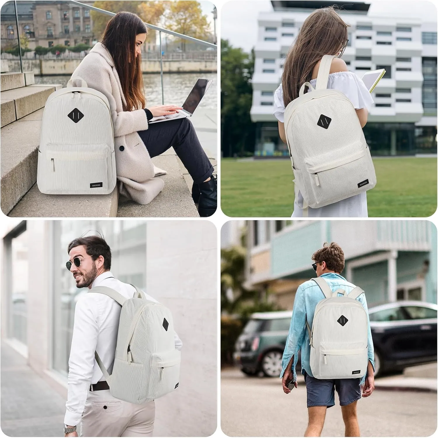 Beige School Backpack for Girls, Boys, Women - Lightweight Casual Soft Corduroy With USB Charging Port, Large Cute Bookbag for Teens, Kids - Fits 15.6 Inch Notebook