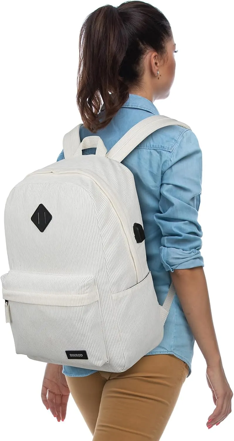 Beige School Backpack for Girls, Boys, Women - Lightweight Casual Soft Corduroy With USB Charging Port, Large Cute Bookbag for Teens, Kids - Fits 15.6 Inch Notebook