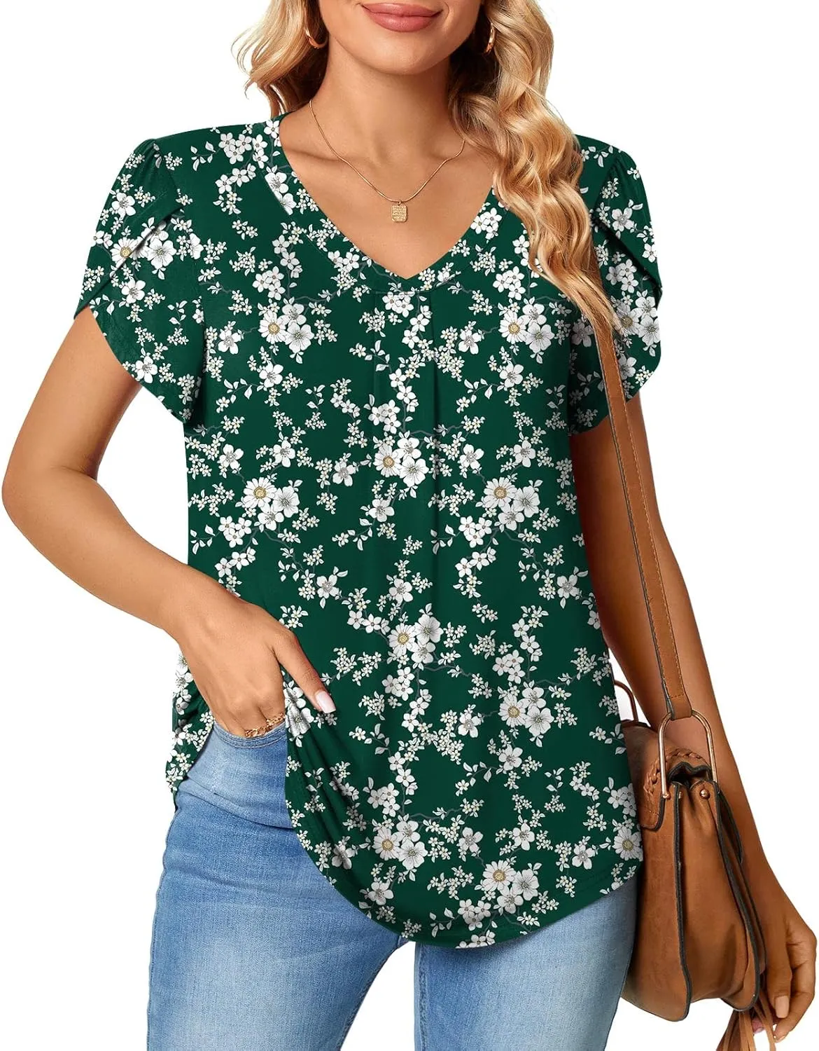 Bestbee Women's Plus Size Short Sleeve Blouses Summer Casual Loose Fit Tops V Neck Tunics