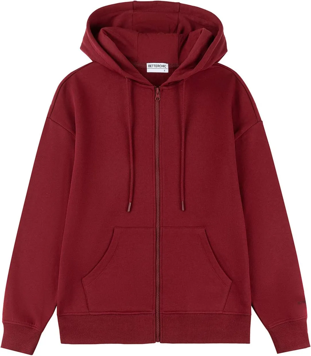 BETTERCHIC Women's Hooded Sweatshirt Casual Soft Brushed Fleece Hoody Drop Shoulder Full Zip Up Hoodie Size S-2XL