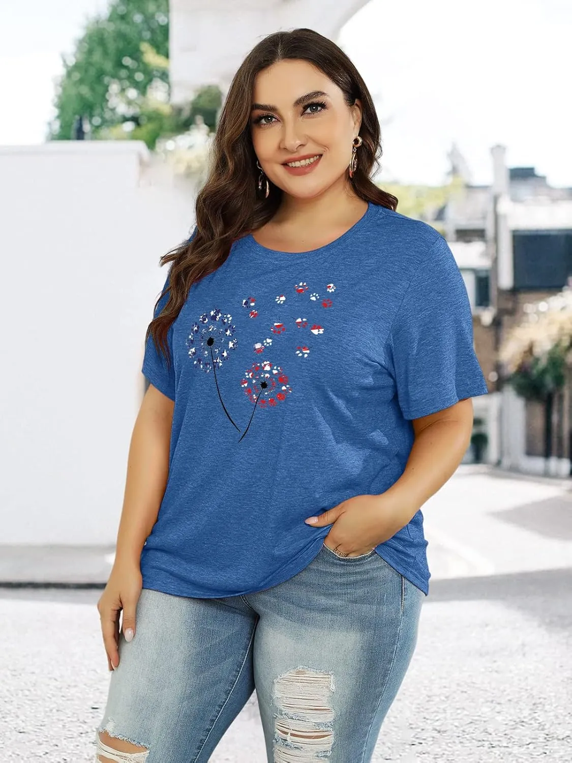 Binshre Plus Size Tops for Women Cute Graphic Tees Loose Fit Flower Printing Short Sleeve Crew Neck T Shirts