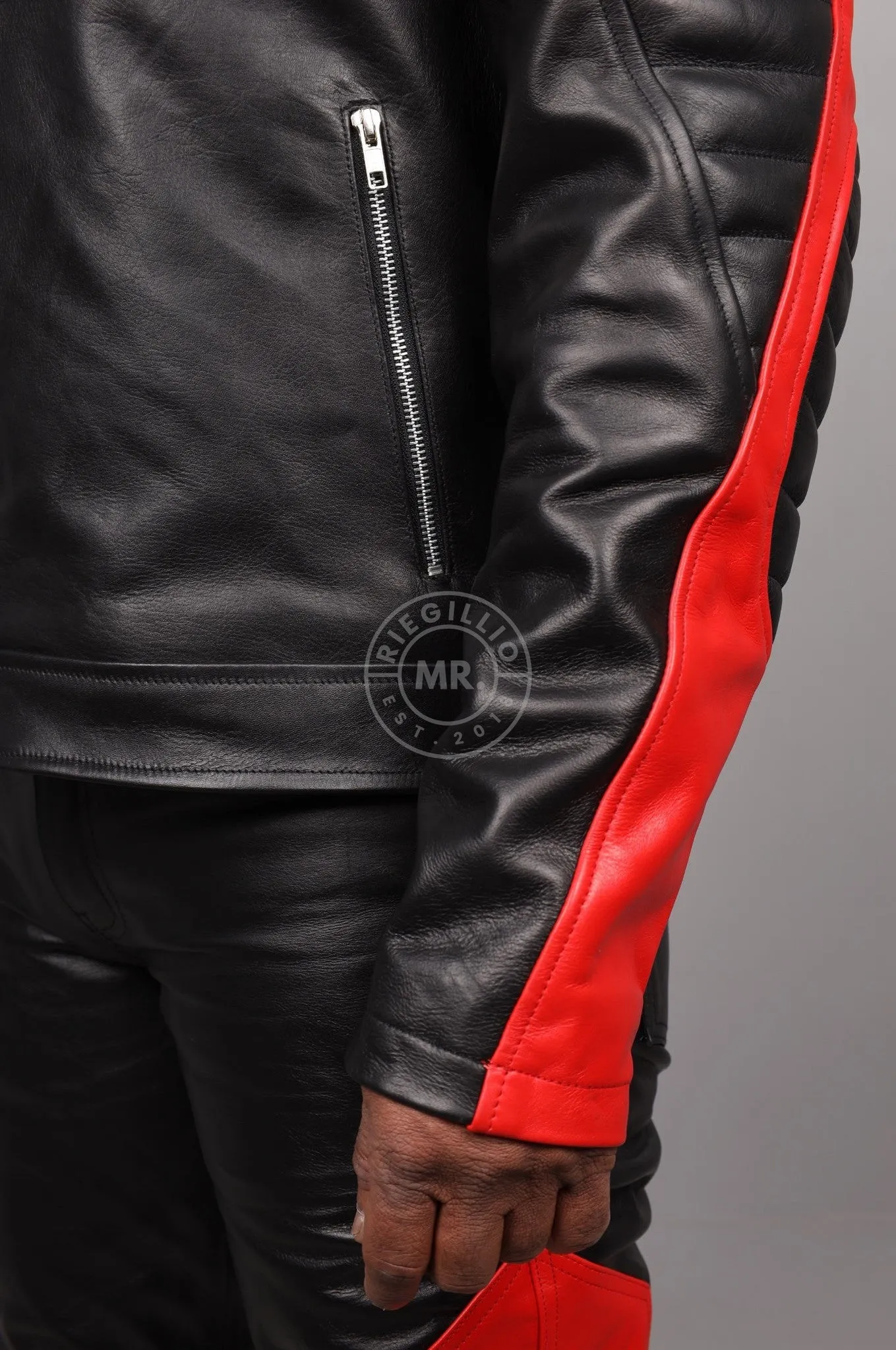 Black Leather Jacket - Red & White Panels