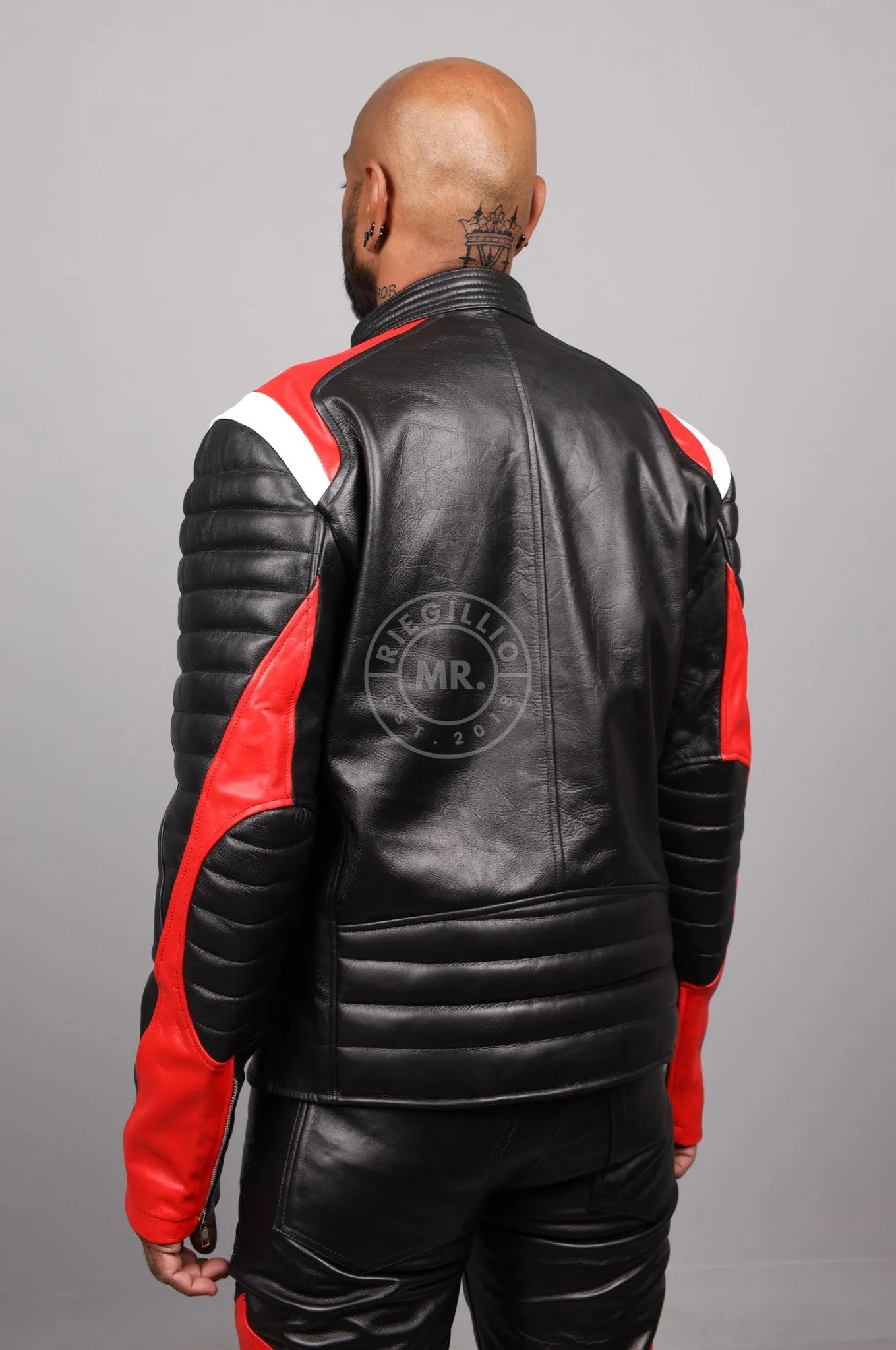Black Leather Jacket - Red & White Panels