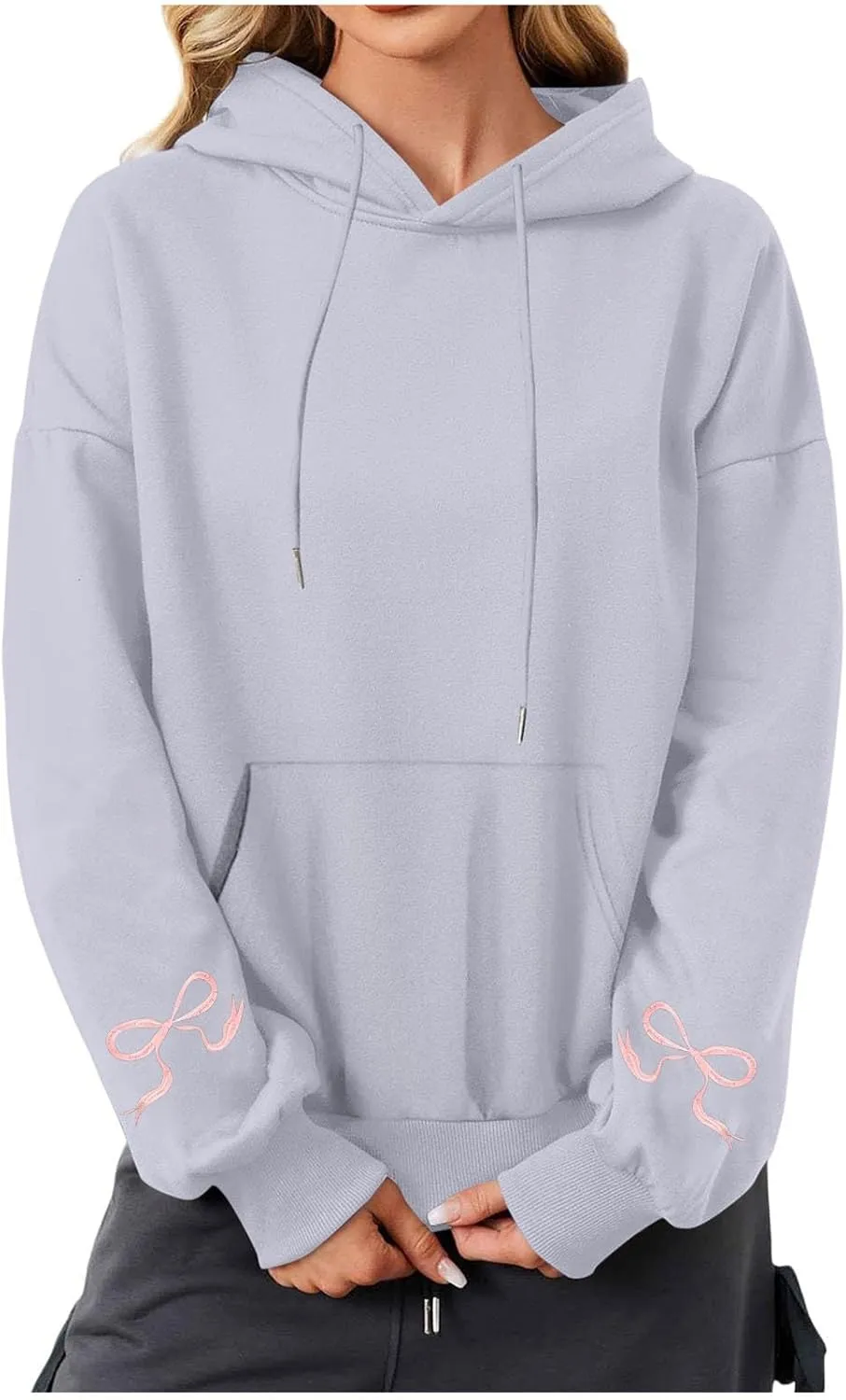 Black Oversized Hoodie Women Pink Ribbon Detail Fleece Lined Pullover Hooded Sweatshirt Drawstring Streetwear