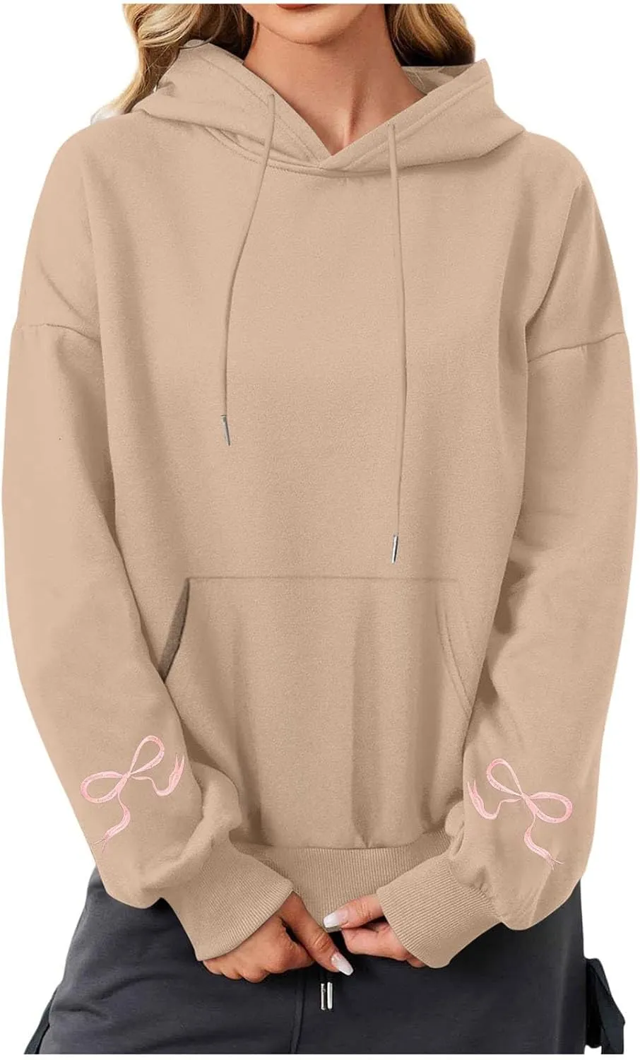 Black Oversized Hoodie Women Pink Ribbon Detail Fleece Lined Pullover Hooded Sweatshirt Drawstring Streetwear
