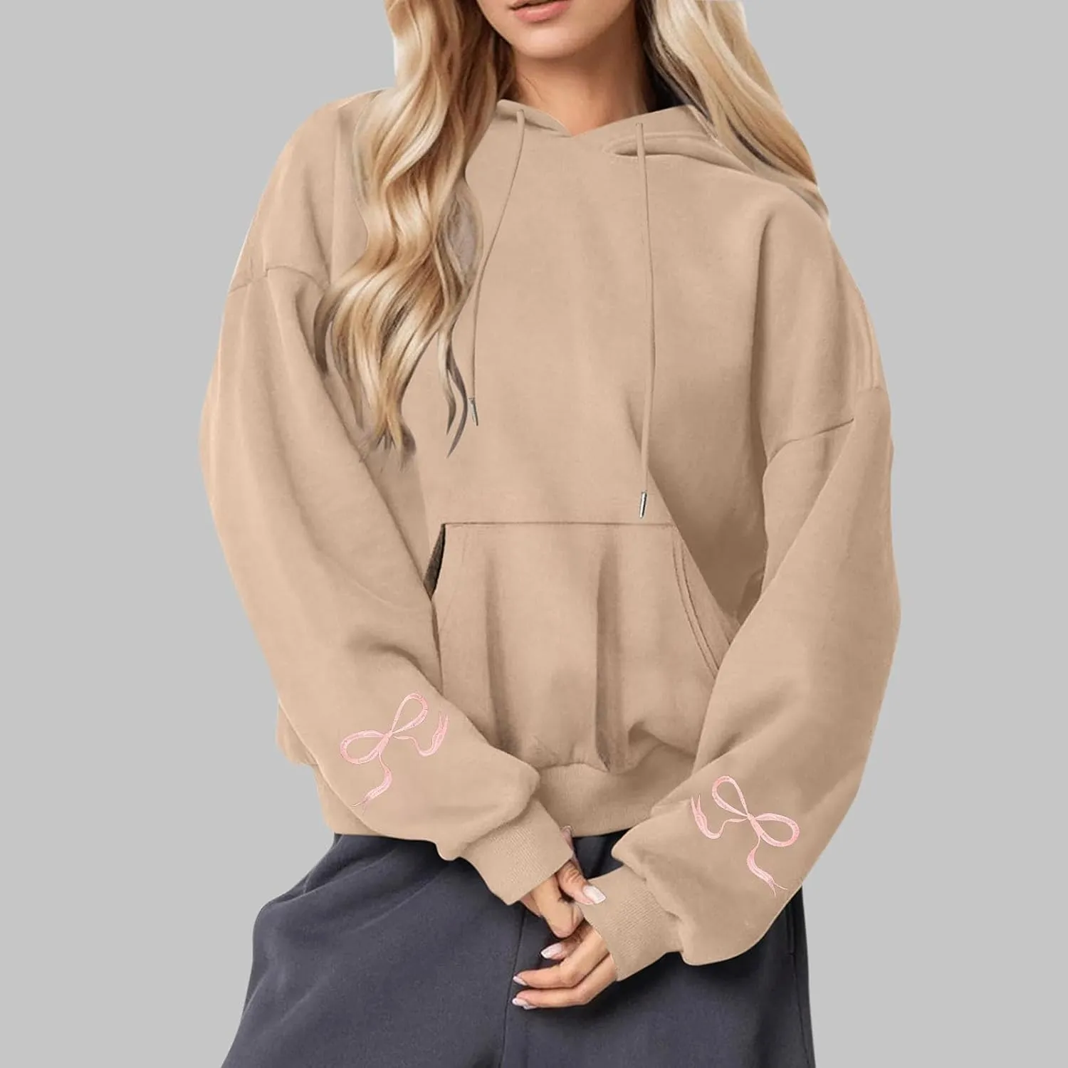Black Oversized Hoodie Women Pink Ribbon Detail Fleece Lined Pullover Hooded Sweatshirt Drawstring Streetwear