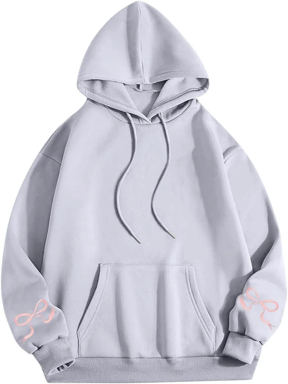 Black Oversized Hoodie Women Pink Ribbon Detail Fleece Lined Pullover Hooded Sweatshirt Drawstring Streetwear