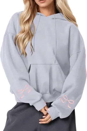 Black Oversized Hoodie Women Pink Ribbon Detail Fleece Lined Pullover Hooded Sweatshirt Drawstring Streetwear