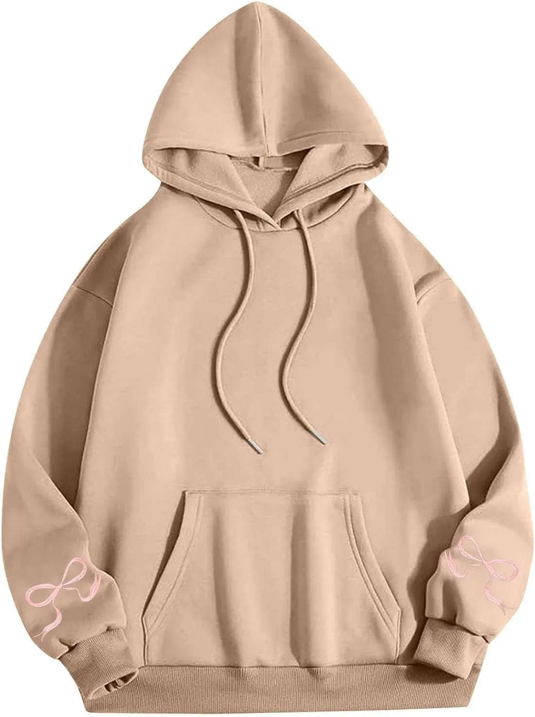 Black Oversized Hoodie Women Pink Ribbon Detail Fleece Lined Pullover Hooded Sweatshirt Drawstring Streetwear