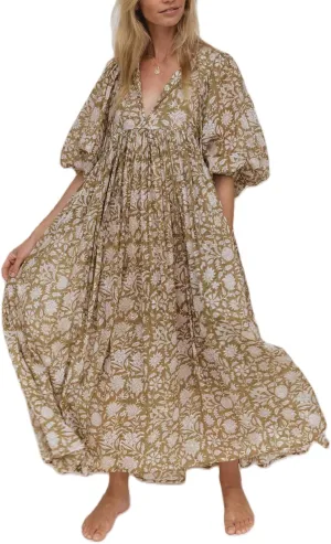 Boho Floral Maxi Dress for Women Puff Sleeve V Neck Loose Flowy Long Dress Beach Oversized Tiered Swing Sundress